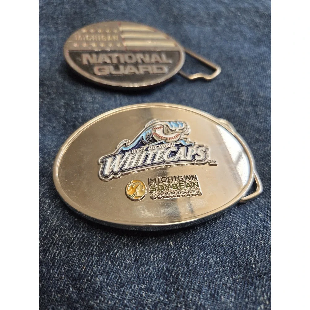 Lot of 2 Michigan Memorabilia Belt Buckles - Baseball & National Guard